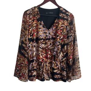 Coco Bianco Top Women Multicolor V-Neck Long Flare Sheer Sleeve Lined‎ Pullover